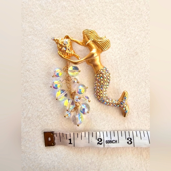 Vintage Kirk's Folly Oceana Gold Aurora Borealis Crystals Mermaid Brooch Dangle - Picture 14 of 15